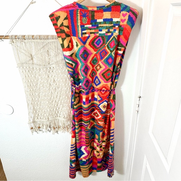 FARM Rio Dresses & Skirts - Farm Rio Colorful Geometric Red Rainbow Quilt Pattern Bohemian Rope Dress Small